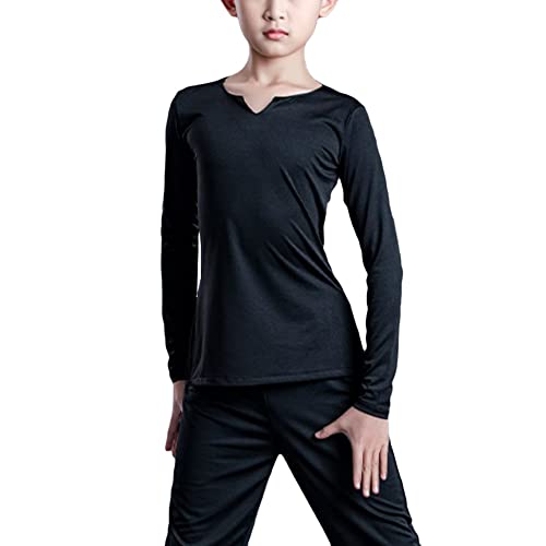 Tanzshirt für Jungen, Kerbkragen, Lateinamerikanischer Ballsaal, Tango, Performance-Pullover, dehnbare Tanzkleidung, Schwarzes Langarmshirt, 13-14 Jahre