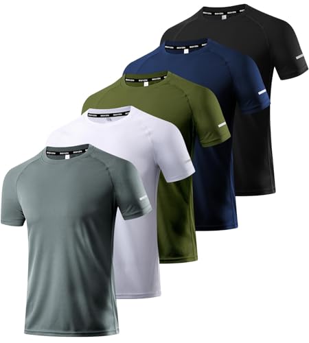 5er Pack Sport Tshirts Herren, Laufshirt Kurzarm T-Shirts Schnelltrocknend Atmungsaktiv Funktionsshirt Mesh Sport Shirt Männer Sportshirt Herren Kurzarm Fitnessshirt Trainingsshirt für Männer 5P04-L