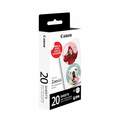 Canon ZP-2030-2C Original ZINK Fotopapier Circle Sticker für Canon Zoemini Sofortbildkamera/Fotodrucker, 20 Blatt für je 2 runde Fotosticker mit 3,3cm Durchmesser, Kleberückseite, wasserabw., reißfest