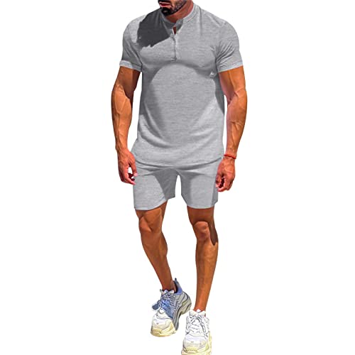 Generisch Herrenmode-Set kurzärmligem T-Shirt Shorts für den Sommer, 2-teiliges Outfit Winterjacke Herren Sommermode mit ärmellose Tanktops Hemden Shorts Strand Hosenanzug Schal Herren (Grey, XL)