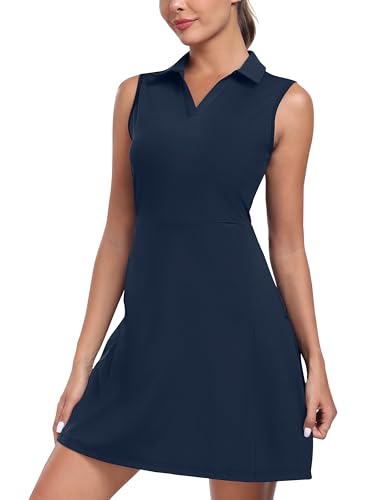 MoFiz Tenniskleid mit Hose Damen Ärmellos V-Ausschnitt Sommer Golf Sportkleider Freizeitkleider Polokleid mit Reißverschlusstaschen Blau EU M