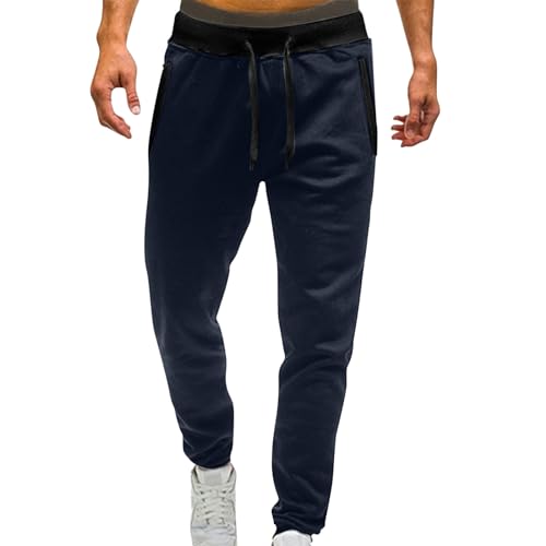 QWUVEDS Lange Unterhosen Herren Baumwolle Männliche Freizeit-Fitness-Laufhose, Freizeithose, Farbblock-Taschenhose Hose Gummizug Herren Sommerhosen Herren Jogginghose Herren (Navy, L)