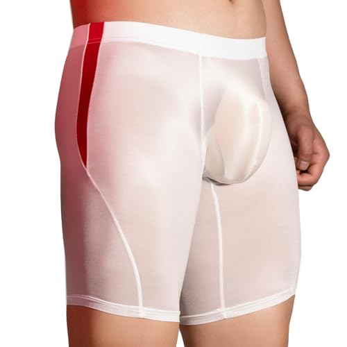 Fldy Herren Durchsichtige Shorts Öl Glänzend Nylon Leggings Boxershorts Mit Ausbuchtung Training Sport Beutel Pouch Unterwäsche Reizwäsche Weiß Einheitsgröße