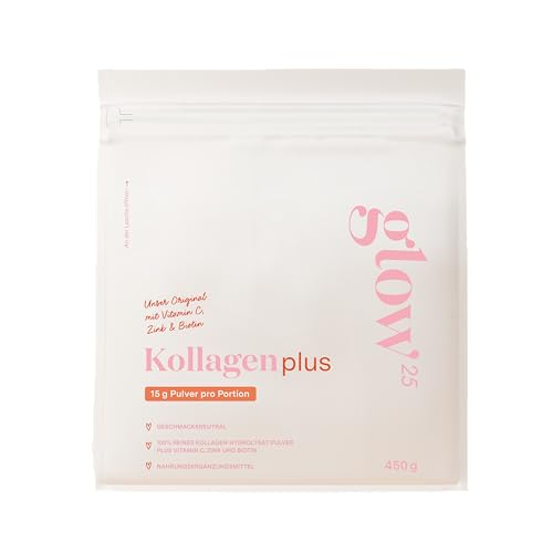 Glow25® Collagen Plus [450g] - Das Original - Premium Kollagen Hydrolysat mit Zusätzen - Peptide Typ 1 und 3 - Perfekte Löslichkeit - Natur