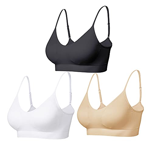 Comfyin Bustier Damen Gepolstert Sport BH Set ohne Bügel Yoga BH Top 3er Pack,Schwarz+weiß+beige,M