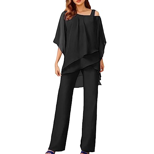 Damen Hosenanzug Elegant 2-Teiliges 3/4 Batwing Ärmel Unregelmäßiger Shirts + Hohe Taille Weites Bein Hose Zweiteiler Sets Hochzeit Festlich Abendanzug Einfarbig Freizeitanzug Outfit (Schwarz, M)