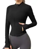 IECCP Sportjacke Damen Laufjacke Langarm Gym Tops Yoga Fitness Shirt Atmungsaktive Sportjacke Reißverschluss Leicht Trainingsjacke mit Daumenloch Schwarz XS