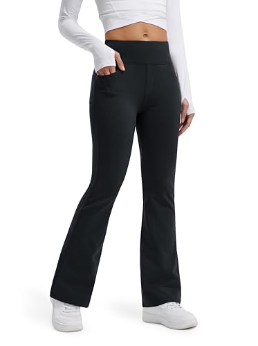 Libin Damen Thermo Flared Leggings Thermohose Wanderhose Wasserabweisend Winter Sporthose Schlaghose Yogahose Bootcut Hose mit Taschen, Schwarz M