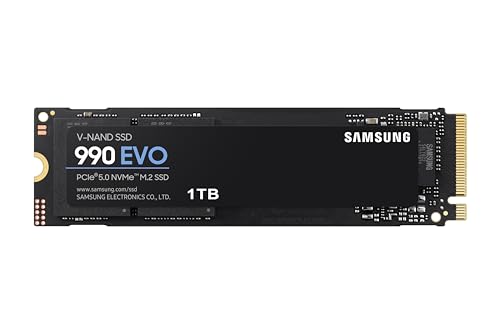 Samsung 990 EVO NVMe M.2 SSD 1 TB, PCIe 4.0 x4 / PCIe 5.0 x2, NVMe 2.0 (2280), 5.000 MB/s Lesen, 3.200 MB/s Schreiben, Interne SSD für Gaming und Grafikbearbeitung, MZ-V9E1T0BW