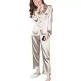 JSTHHTT Schlafanzug Damen Satin Pyjama Damen Langarm Pyjama Set mit Knopfleiste Nachtwäsche V-Ausschnitt Zweiteiliger Pjs Sets, Satin Damen Schlafanzug Pyjamas Set Zweiteiliger Nachtwäsche Hausanzug