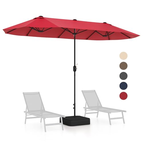 GOPLUS Doppelsonnenschirm 400 x 200 cm, Sonnenschirm mit Ständer und LED Solar, UV 50+, Balkonschirm groß für 6-8 Personen, Gartenshirm mit Kurbel & 12 Rippen, Marktschirm Tischschirm