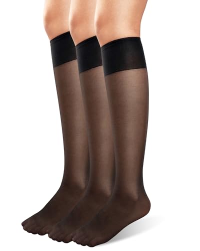 Loiluliy 3 Paar 20 DEN Kniestrümpfe Damen Nylonstrümpfe Damen Transparent Schwarz Reißfest Druckfreier Komfortbund Feinstrümpfe Damen