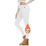 Gayhay Thermo Leggings Damen mit Taschen Gefütterte im Winter, High Waist Thermohose Warm Blickdicht für Sport Weiß L/XL