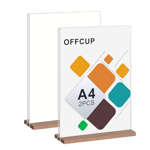 OFFCUP Acryl Display Ständer, 2 Stück Acryl Tischaufsteller A4 mit Holzfuß, T-Ständer Aufsteller Doppelseitiger Vertikaler Menükartenhalter für Restaurants, Cafés, Büros, Fotos