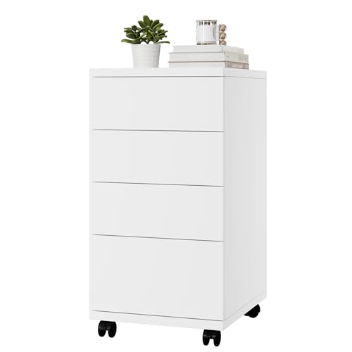 HOCSOK Rollcontainer mit 4 Schubladen, Aktenschrank mit Rollen, Büroschrank, unter dem Schreibtisch, für Zuhause und Büro, weiß, 33 x 39 x 63,5 cm