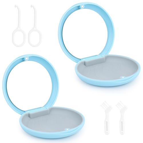 2 Pack Zahnspangendosen mit Spiegel, Schlanke Aligner Hüllen, Magnetverschluss für kieferorthopädische Aufbewahrungsboxen, Zahnschienen Box mit Halter Entferner und Bürsten. (Blau-Blau)