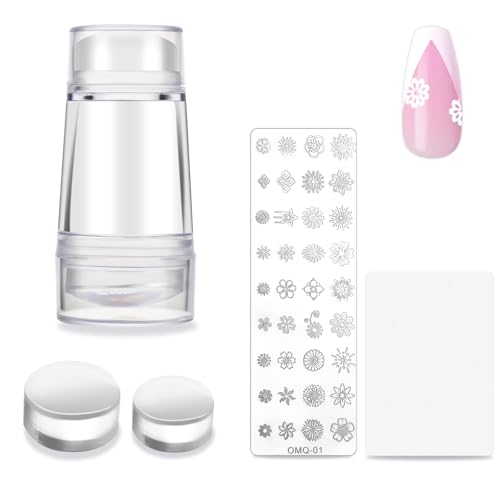 Bewudy Nagel Stempel Schablone Set, Blumen Nagel Stamping Stencils mit Doppelkopf Transparent Stempel und Scraper, French Nails Stempel Nagel Stamping Schblonen Platte für Maniküre DIY Nageldesign