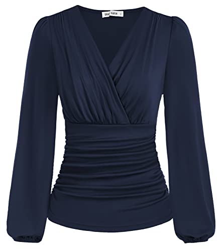 Damen V-Ausschnitt T-Shirt Langarm Einfarbig Slim Fit Plissee-Tops Tunika Blusen CL1341A22-03_0XL