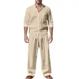 Leinen Outfits Herren Leicht und Atmungsaktiv Strandanzug Sommerhemd mit Geknöpft und Lang Hosen Freizeitanzug Sportanzug Lässiges Einfarbig Jogginganzug Zweiteiler Locker Pyjamas Set