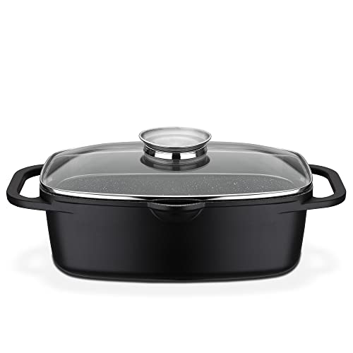 GSW Universalbräter Gourmet Granit – hochwertiger Bräter mit Deckel, ideal zum Schmoren, Grillen und Braten, auch für Induktion und Backofen – Schwarz, Aluguss, 6 Liter