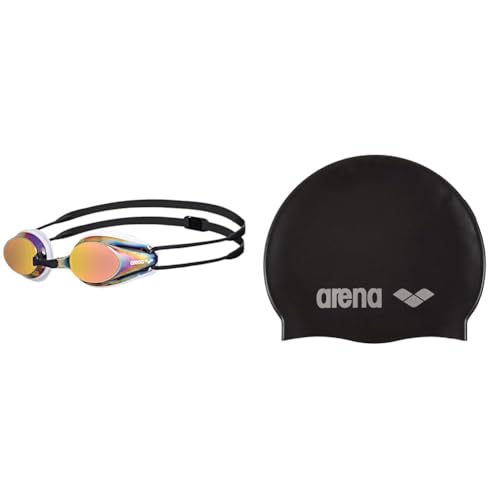 ARENA Tracks Mirror Anti-Fog Wettkampf Schwimmbrille Unisex für Erwachsene, UV-Schutz, 4 Austauschbare Nasenstege, Silikon Dichtungen & Unisex Badekappe Classic Silikon, Black-Silver (55), One Size