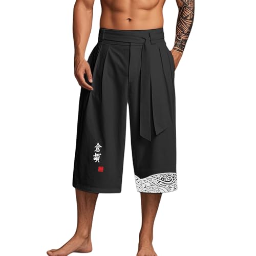 CEWIFO Japanische Taro-Leinen-Kurzhose Herren – traditionelles Design, Kordelzug & atmungsaktiv, ideal für Sommer, Strand & Outdoor-Aktivitäten (Black, L)