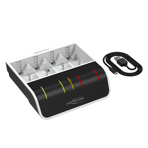 ANSMANN Akku Ladegerät NiMH für 4X AAA AA C D und 1x 9V, intelligentes Laden, USB-Eingang, Schnelladen, Entladefunkton, LED-Anzeige