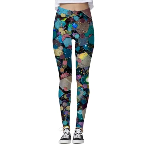 Generisch Jogpants Damen Sommer Frauen Mardi Lange, Enge, durchgehend Bedruckte, glänzende Yogahose Damen Hosen Print Outdoor Leggings Damen (Navy, L)