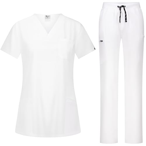 B-well BELLA Damen-Schrubb-Set Schlupfkasack + Schlupfhose Set Medizin Arzt Uniform Schlupfjacke Oberteil mit Hose Medizinische Berufsbekleidung mit Elastan (Weiss, L)