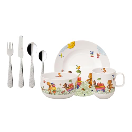 Villeroy & Boch – Hungry As A Bear Set Mit Kinderbesteck Und Kindergeschirr 7 Teilig, Spülmaschinenfest, Mikrowellensicher, Kinderteller, Kindertasse, Besteckset Kinder, Premium Porzellan/Edelstahl