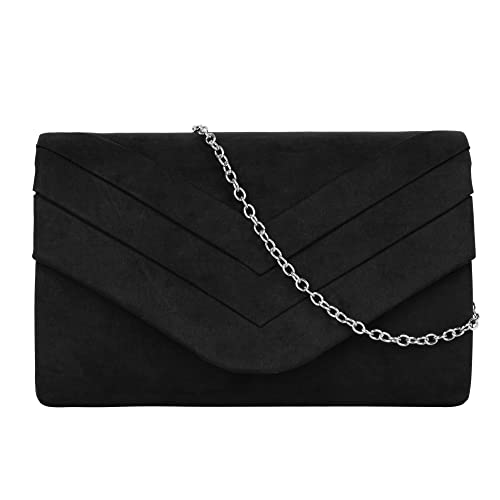 MEGAUK Damen Samt Clutch Elegante Abendtasche Wildleder Handtasche Envelope Tasche Unterarmtasche mit Kette für Hochzeit Wedding Prom Party Schwarz