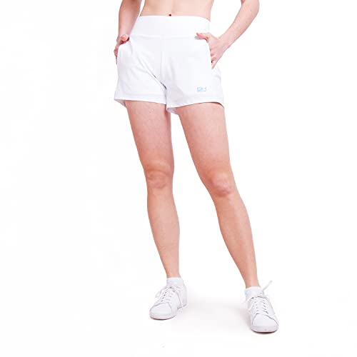 Sportkind Mädchen & Damen 2-in-1 Tennis Shorts mit Ballhalter, Innenhose & Taschen, atmungsaktiv, weiß, Gr. 152