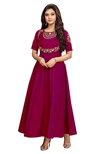 TRENDMALLS Langes Anarkali-Kleid für Damen, Seidenausschnitt, bestickt, Kurti, Violett, X-Groß