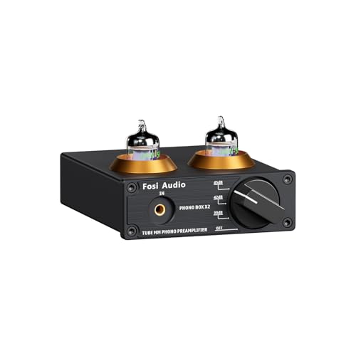 Fosi Audio BOX X2 Phono Röhrenvorverstärker, HiFi Vorverstärker für MM Plattenspieler mit Gain-Regelung, Austauschbare Vakuumröhre, MM/3,5mm AUX Eingang, Mini Phono Preamp mit DC 12V Netzteil