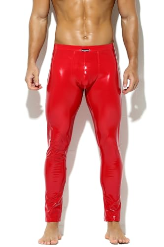 Bodywear4you Herren Leder Leggings in Lack-Latex-Optik Kunstleder enganliegend Hose Meggings wetlook Lederhose Patent Pants (as3, alpha, m, regular, regular, Rot)