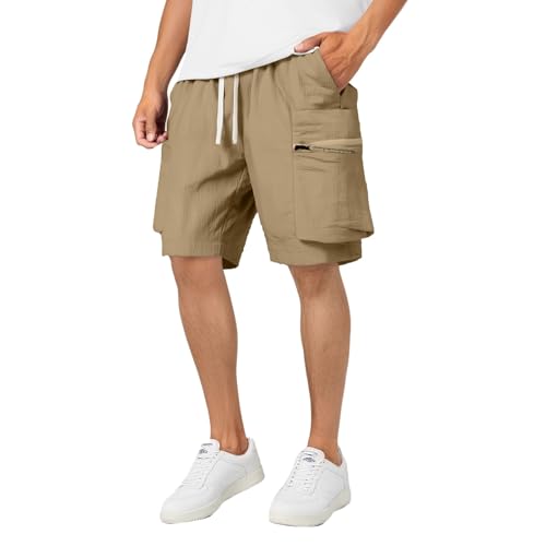 Mikrofaser Shorts Herren Gerade Bein Sport Casual Hosen Fünfviertel Outdoor New(Khaki,XXL)