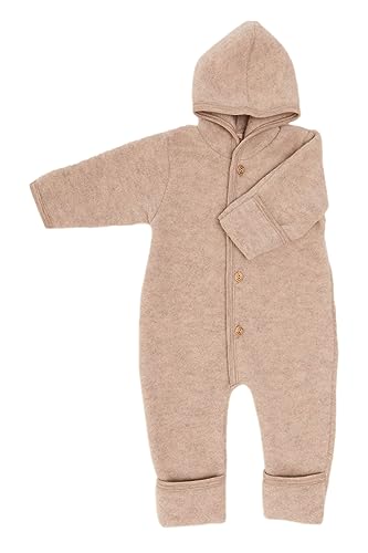 Engel Overall mit Kapuze, 100% Schurwolle Fleece, Natur, Gr. 50/56-86/92, 4 Farben (Sand melange, 62-68)