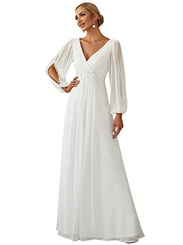 Ever-Pretty Damen Stilvolle Chiffon V-Ausschnitt Applique Plus Size Partykleider mit Langen Laternenärmeln Weiß EU40