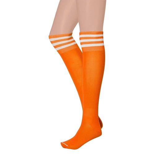 krautwear® Damen Mädchen Kinder Cheerleader Kniestrümpfe Gestreift mit 3 Streifen Gestreifte Overknees Geringelte Strümpfe Socks bunt (Neon Orange)