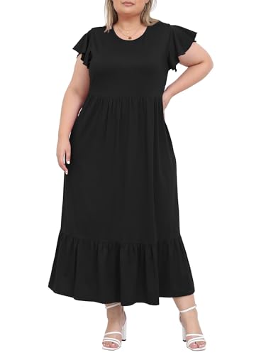 Moon Wood 2025 Damen Sommerkleid Lang Freizeit Maxikleid Strandkleid mit Rüschen Kurzarm und Taschen Große Größen,Schwarz 3XL