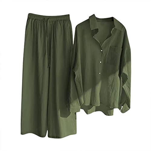 Musselin Hosenanzug Damen Leinen Outfits Damen 2 Teiler Elegant Hosenanzüge Baumwolle Leinen Jogginganzug Business Casual Anzug Leicht Luftig Freizeitanzug Elegant Schicke Oberteil Und Hosenanzug