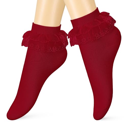 Bencailor 1 Paar Rüschen Socken Rockabilly Rüschensocken 70s Söckchen mit Spitze Elastische Baumwollsocken Spitzensocken Lace Knöchel Ballett Socken für Damen Frauen Show Kleidung Kostüm(Rot)