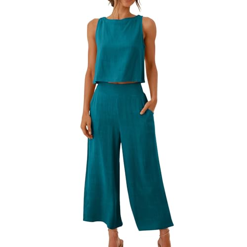 Musselin Bluse Damen Zweiteiler Elegant Sommer Einfarbig Hosenanzug Casual Tank Top Und Hose 2 Teiler Baumwolle Leinen Freizeitanzug Leicht Und Luftig Hosenanzüge Ärmelloses Loungewear Jogginganzug