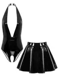 Freebily Damen Wetlook Catsuit Ouvert Stringbody Leder Mini Rock 2pcs Set Lack Leder Outfit Sex Erotische Wäsche Schwarz L