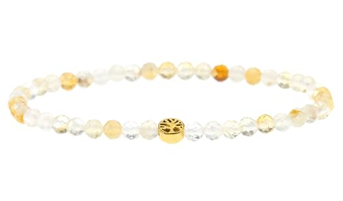 LAKADA Echtes Citrin Edelstein Armband mit facettierten 4mm Perlen und Edelstahllebensbaum Heilstein Schutzstein Edelsteinarmband Glücksbringer Talisman Geschenk (Citrin, G., 18CM)