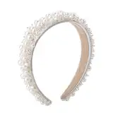 Weiße Perlen Haarreifen,Retro Perlen Braut Haarbänder Kunstperlen Kopfschmuck Damen Breites Dickes Stirnband Braut Stirnband für Frauen und Mädchen White