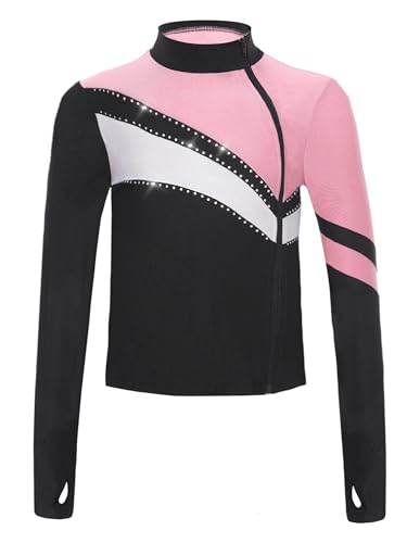 HULIJA Mädchen Sportshirt Langarm Trainingsshirt mit Reißverschluss Schnelltrocknend Sport Oberteile mit Strass Laufshirt T-Shirt Yoga Rosa 122-128