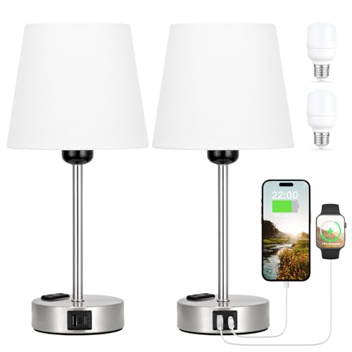 Kakanuo Nachttischlampe Touch Dimmbar 2er Set, Tischlampe mit Ladefunktion USB A+C-Anschlüssen Steckdosen, Weiß-Lampenschirm, Kleine Lampe für Nachttisch Schlafzimmer Wohnzimmer Babyzimmer Büro