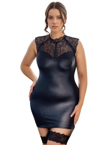 Lederkleid Spitze Partykleid Damen Kleid Dessous Set mit Slips Sexy Minikleid Kunstleder Neckholder Bodycon Clubwear Wetlook Reizwäsche Cocktailkleid Große Größen Unterwäsche Schwarz XXL