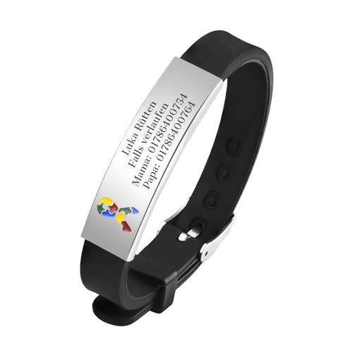 Notfallarmband SOS Armband Kinder - Schwarz Kinderarmband Gravur Telefonnummer Name, Anti Verloren Armbänder für Autismus Kinder, Personalisiertes Notfall Medizinische Armband für Mädchen Jungen